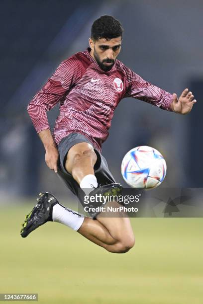 Hassan Al-Haydos of Qatar on the ball during the Qatar national team open training session at the Jassim Bin Hamad Stadium, Doha, Qatar on October 2,...