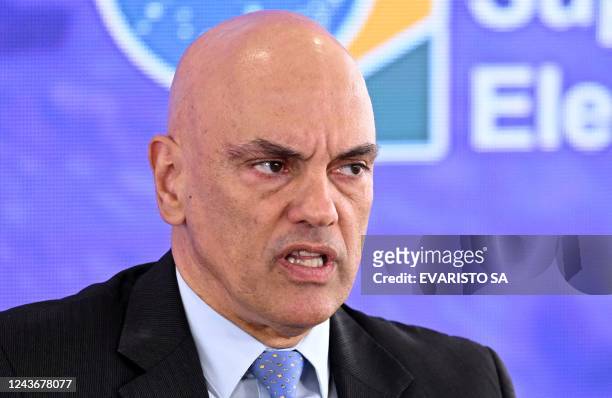 Brazil's Supreme Federal Court Minister and president of the Superior Electoral Court, Alexandre de Moraes, speaks during a press conference in...