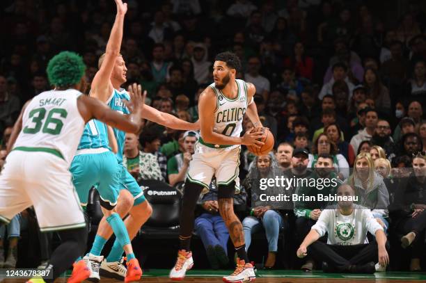 Jayson Tatum of the Boston Celtics handles the ball during the game against the Charlotte Hornets on October 2, 2022 at the TD Garden in Boston,...