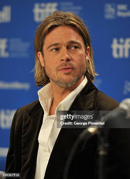 Brad Pitt speaks onstage at "Moneyball" Press Conference during 2011 Toronto International Film Festival on September 9, 2011 in Toronto, Canada.