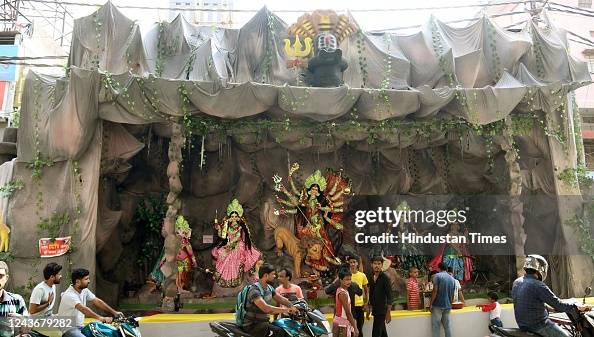 Durg Raja Auto A view inside a Durga Puja pandal at Raja Bazar, on October 2, 2022 ...
