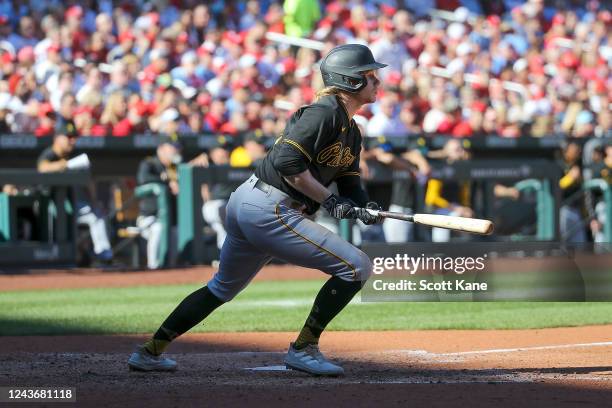 Jack Suwinski of the Pittsburgh Pirates hits an RBI single during the fifth inning against the St. Louis Cardinals at Busch Stadium on October 2,...