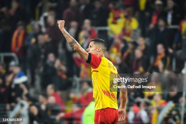 Florian SOTOCA of Lens celebrates his goal during the Ligue 1 match between RC Lens and Olympique Lyon at Stade Bollaert-Delelis on October 2, 2022...