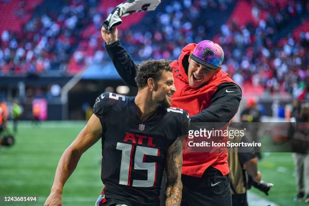 Atlanta tight end Feleipe Franks reacts following the conclusion of the NFL game between the Cleveland Browns and the Atlanta Falcons on October 2nd,...