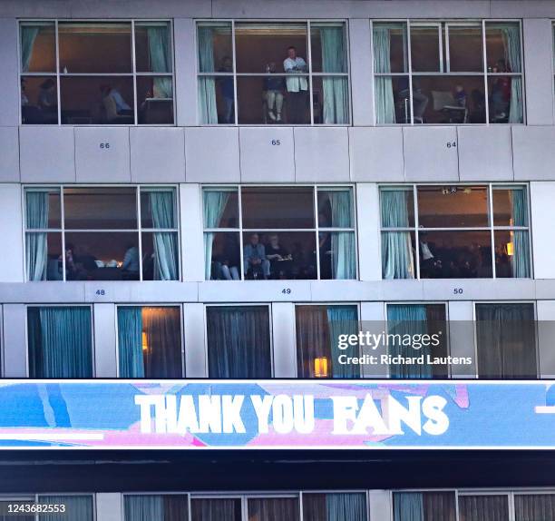October 2 - The Jays thanks their fans, some of whom are seen in the attached hotel. The Toronto Blue Jays beat the Boston Red Sox 6-3 in MLB...