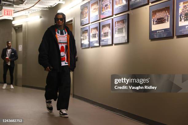 Jordan Clarkson of the Utah Jazz arrives to the arena before a preseason game on October 2, 2022 at the Rogers Place in Edmonton, Alberta, Canada....