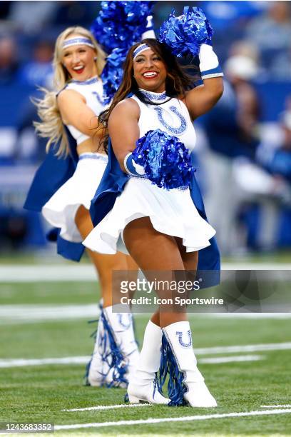 Indianapolis Colts Cheerleaders preform during an NFL game between the Tennessee Titans and the Indianapolis Colts on October 02, 2022 at Lucas Oil...