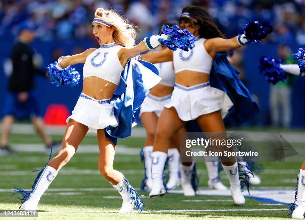 The Indianapolis Colts Cheerleaders preform during an NFL game between the Tennessee Titans and the Indianapolis Colts on October 02, 2022 at Lucas...