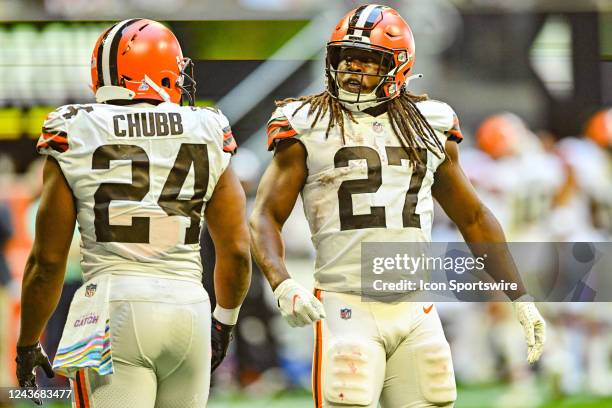 Cleveland running back Kareem Hunt celebrates the touchdown scored by teammate Nick Chubb during the NFL game between the Cleveland Browns and the...