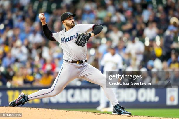 Miami Marlins starting pitcher Pablo Lopez throws a pitch during a game between the Milwaukee Brewers and the Miami Marlins on October 2, 2022 at...