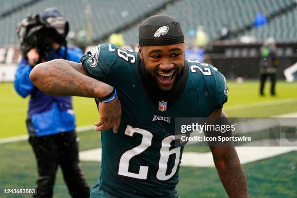 Philadelphia Eagles Running Back Miles Sanders celebrates the victory after defeating the Jacksonville Jaguars in the National Football League game...