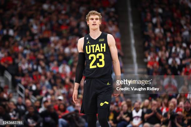 Lauri Markkanen of the Utah Jazz looks on during a preseason game on October 2, 2022 at the Rogers Place in Edmonton, Alberta, Canada. NOTE TO USER:...