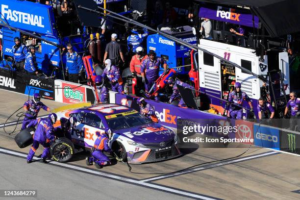 Denny Hamlin pits during the running of the Yellawood 500 NASCAR Cup Series Playoff race on October 2, 2022 at the Talladega Superspeedway in...