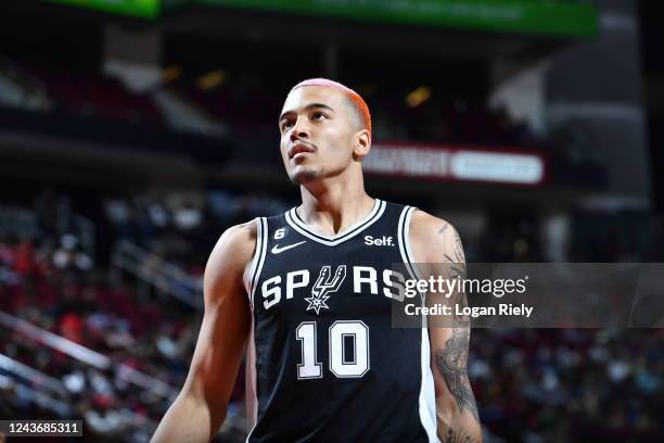 Jeremy Sochan of the San Antonio Spurs looks on during a preseason game against the Houston Rockets on October 2, 2022 at the Toyota Center in...