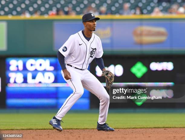 Brendon Davis of the Detroit Tigers fields in his Major League debut game against the Minnesota Twins at Comerica Park on October 1, 2022 in Detroit,...