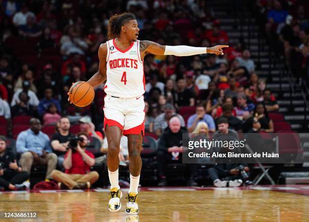 Jalen Green of the Houston Rockets points to a teammate during the game against the San Antonio Spurs at Toyota Center on October 02, 2022 in...