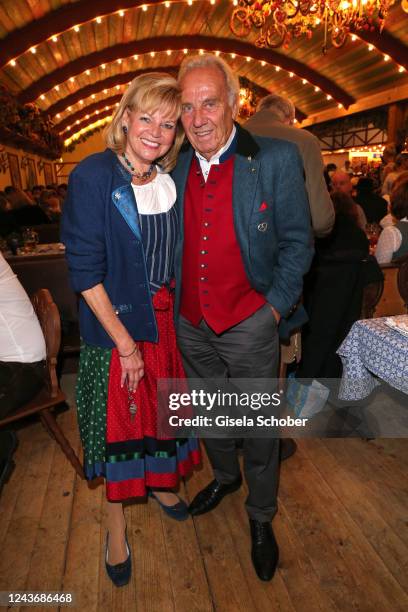 Hosts Margot Steinberg and Guenter Steinberg during the 187th Oktoberfest at Hofbräu-Festzelt/Theresienwiese on October 02, 2022 in Munich, Germany.