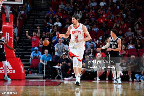 Boban Marjanovic of the Houston Rockets runs on to the court during a preseason game against the San Antonio Spurs on October 2, 2022 at the Toyota...