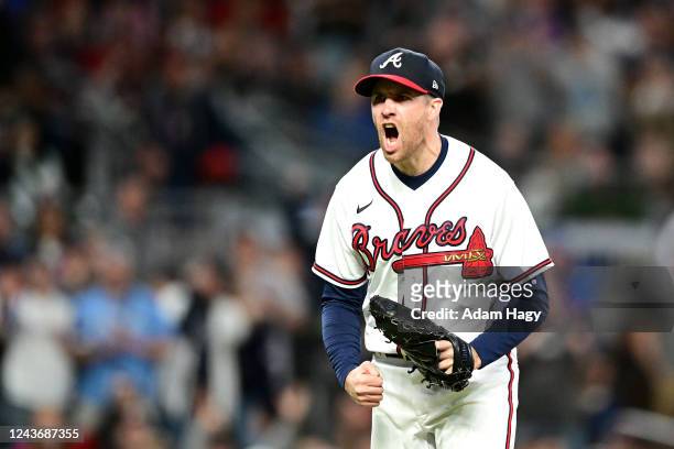 Collin McHugh of the Atlanta Braves reacts after a strikeout against the New York Mets during the sixth inning at Truist Park on October 2, 2022 in...