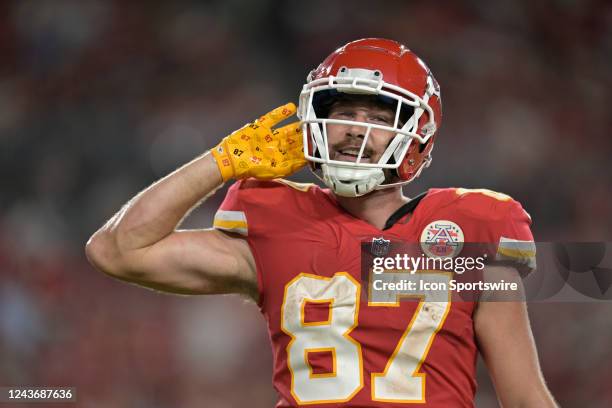 Kansas City Chiefs Tight End Travis Kelce taunts the crowd after a touchdown. During a game between the Kansas City Chiefs and the Tampa Bay...
