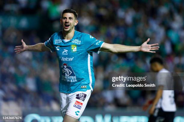 Lucas Di Yorio of Leon celebrates after scoring the first goal of his team during the 17th round match between Leon and Tijuana as part of the Torneo...