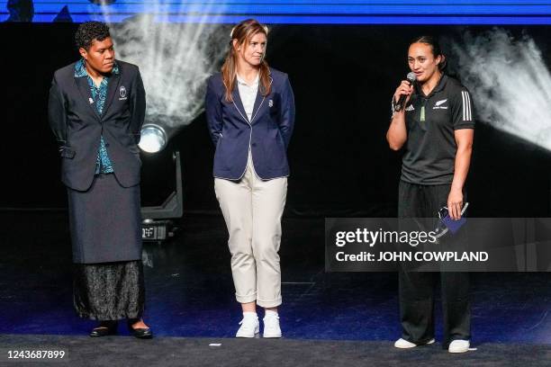 Fiji's captain Sereima Leweniqila, England's captain Sarah Hunter and New Zealand's co-captain Ruahei Demant attend a welcome ceremony of the New...