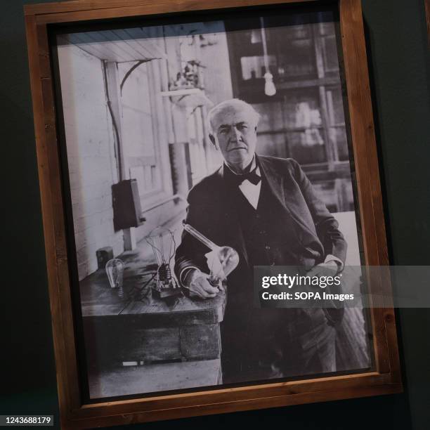 Photograph of Edison dedicated to Tesla is displayed during the exhibition Of "Nikola Tesla. The Genius of Modern Electricity" at Caixa Forum in...