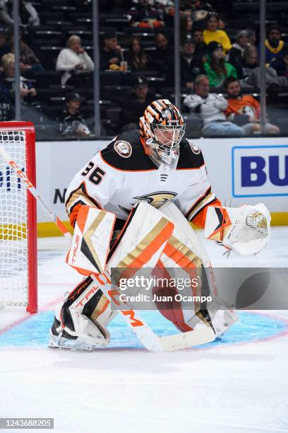 John Gibson of the Anaheim Ducks protects the goal during the third period against the Los Angeles Kings at Crypto.com Arena on October 2, 2022 in...