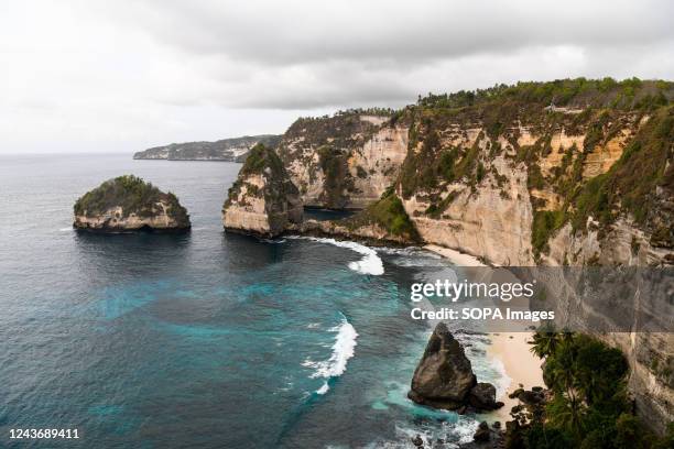 An aerial view of Diamond Beach in Nusa Penida, Bali. Nusa Penida is an island located in the southeastern Indonesian island of Bali. Nusa Penida is...