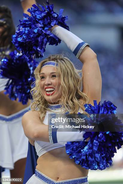 An Indianapolis Colts cheerleader is seen during the game against the Tennessee Titans at Lucas Oil Stadium on October 2, 2022 in Indianapolis,...