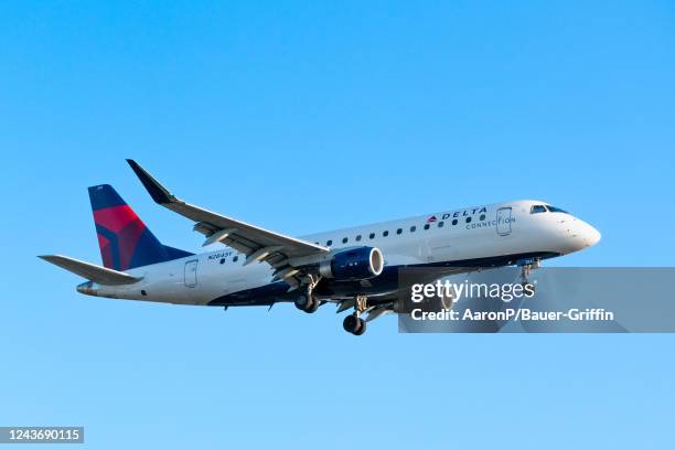 Delta Airlines Embraer ERJ 170-200 arrives at Los Angeles international Airport on October 02, 2022 in Los Angeles, California.