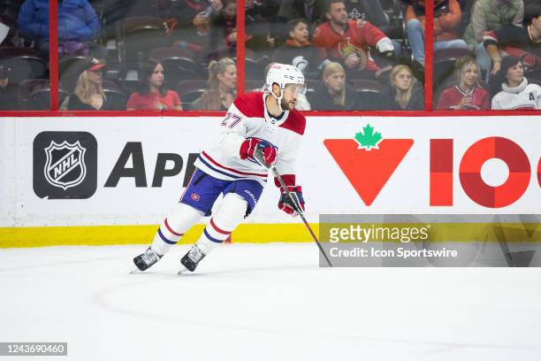 Montreal Canadiens Left Wing Jonathan Drouin skates in the defensive zone during third period National Hockey League preseason action between the...
