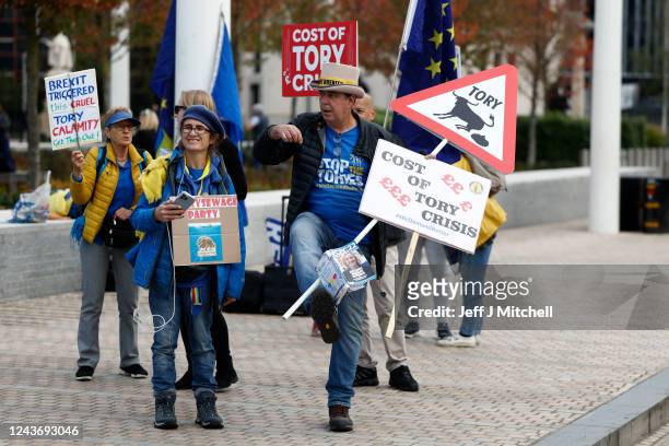 Well-known anti-Brexit campaigner Steve Bray protests outside the Conservative Party Conference on October 3, 2022 in Birmingham, England. This year...