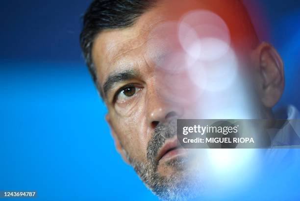 Porto's Portuguese coach Sergio Conceicao looks on during a press conference on the eve of the UEFA Champions League 1st round day 3 group B football...
