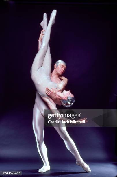 View of Hamburg Ballet dancers Ivan Liska and Colleen Scott for a production of John Neumier's 'Midsummer Night's Dream,' New York, New York, 1983.