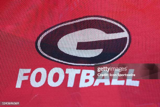 View of the Georgia Bulldogs football logo on an equipment bag before an SEC game between the Georgia Bulldogs and Missouri Tigers on October 1, 2022...