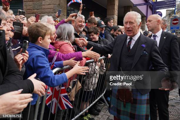 King Charles III greets members of the public after an official council meeting at the City Chambers in Dunfermline, Fife, to formally mark the...