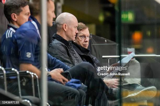 General manager David Poile of the Nashville Predators watches morning skate prior to the 2022 NHL Global Series Challenge Switzerland against SC...