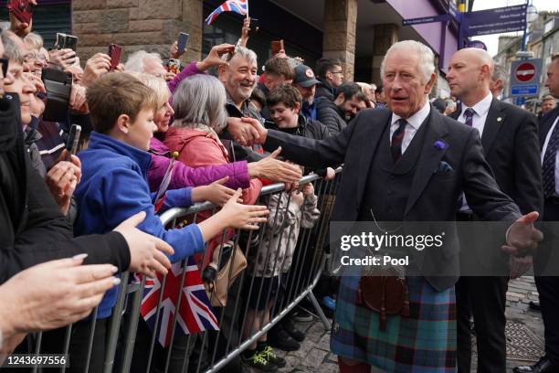 King Charles III greets members of the public after an official council meeting at the City Chambers in Dunfermline, Fife, to formally mark the...