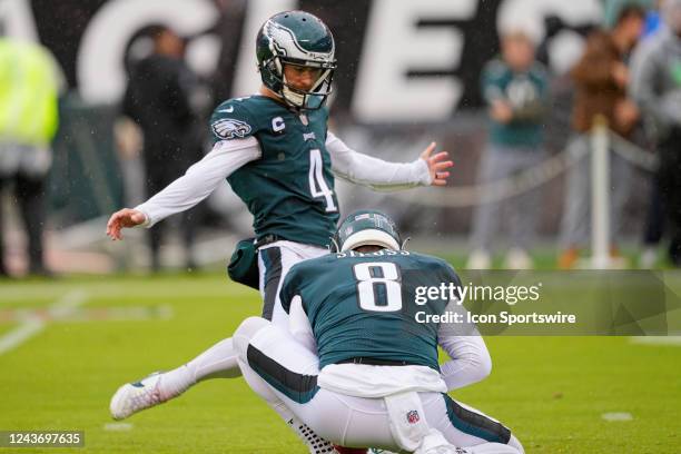 Philadelphia Eagles place kicker Jake Elliott warms up during the game between the Jacksonville Jaguars and the Philadelphia Eagles on October 02,...