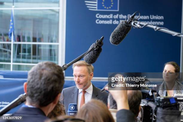 German Federal Minister of Finance Christian Lindner is talking to media prior an Eurogroup Ministers meeting in the European Convention Center, the...