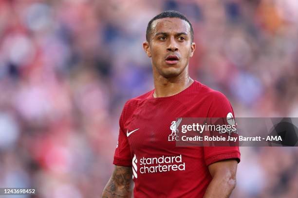 Thiago Alcantara of Liverpool during the Premier League match between Liverpool FC and Brighton & Hove Albion at Anfield on October 1, 2022 in...