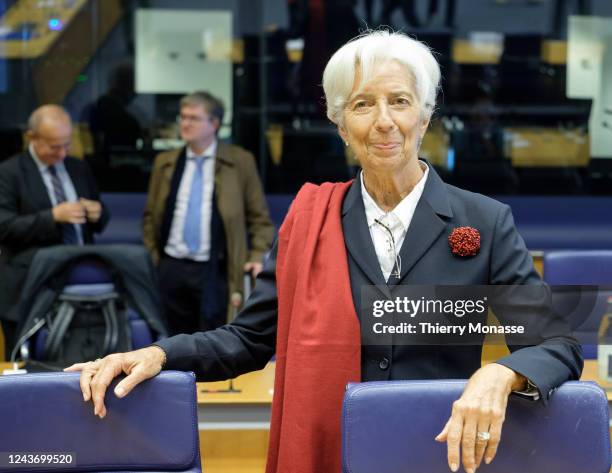 President of the European Central Bank Christine Lagarde is waiting for the start of an Eurogroup Ministers meeting in the European Convention...