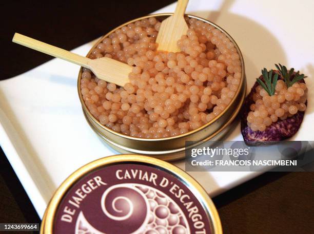 Photo prise le 07 décembre 2007 à Soissons, d'une boite de caviar d'escargots issu de la production de Dominique et Sylvie Pierru, héliciculteurs à...