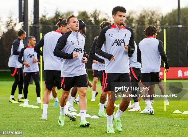 Arthur Melo of Liverpool during a training session ahead of their UEFA Champions League group A match against Rangers FC at Anfield on October 3,...