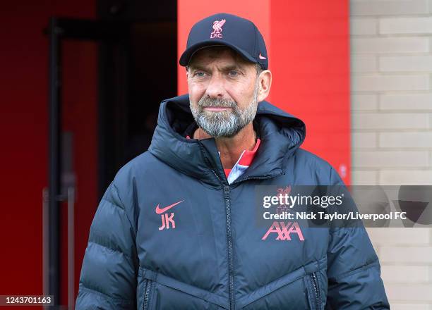 Manager Jurgen Klopp of Liverpool during a training session ahead of their UEFA Champions League group A match against Rangers FC at Anfield on...