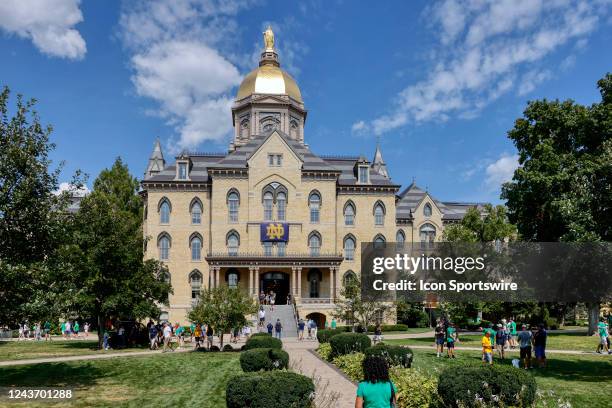 General view of the Main Building as fans walk through campus prior to a college football game between the California Golden Bears and Notre Dame...