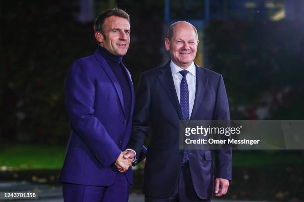 German Chancellor Olaf Scholz receives French President Emmanuel Macron for talks at the Chancellery on October 3, 2022 in Berlin, Germany. The two...