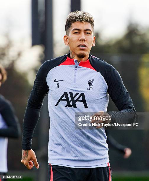 Roberto Firmino of Liverpool during a training session ahead of their UEFA Champions League group A match against Rangers FC at Anfield on October 3,...