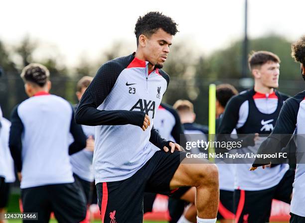 Luis Diaz of Liverpool during a training session ahead of their UEFA Champions League group A match against Rangers FC at Anfield on October 3, 2022...